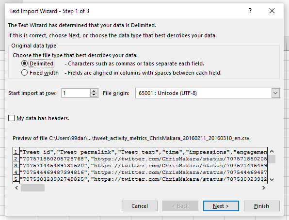 twitter csv import to excel step 1