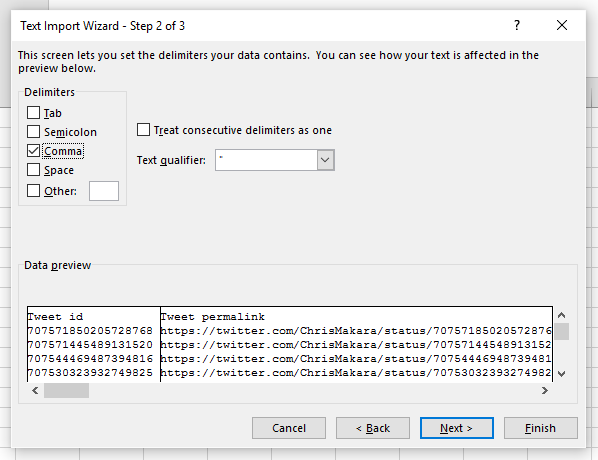 twitter csv import to excel step 2